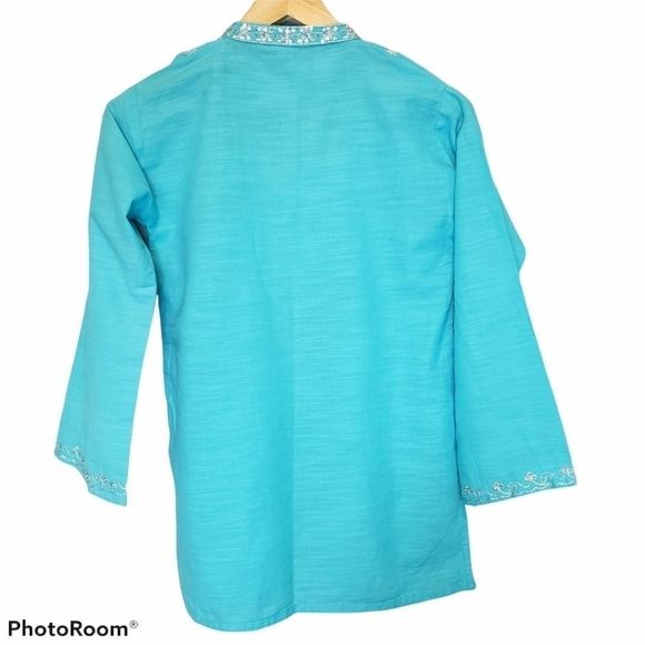 VINTAGE Peasant Blouse Turqoise Blue Small - Picture 4 of 8